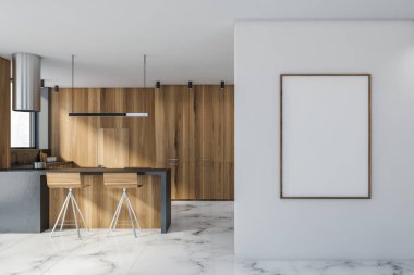 Gri ve ahşap duvarları, mermer zemini ve tabureli barı olan modern mutfağın içi. Dikey maket posteri. 3d oluşturma