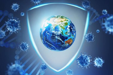 Etrafında mavi koronavirüs ve kalkan olan Dünya gezegeni. Covid 19 pandemik koruma kavramı. 3D görüntüleme. Bu görüntünün elementleri NASA tarafından desteklenmektedir
