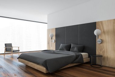 Gri ve ahşap duvarları, tahta zemini, rahat kral yatağı ve koltuğu olan modern ana yatak odasının köşesi. Bulanık şehir manzaralı panoramik pencere. 3d oluşturma
