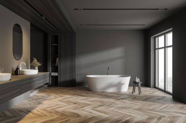 Gri ve ahşap duvarları olan modern banyonun içi, ahşap zemin, rahat küvet ve ayna ile lavabo. 3d oluşturma