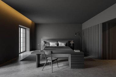 Stylihs 'in ana yatak odasının içinde gri ve ahşap duvarlar, beton zemin, rahat kral yatağı ve ev ofisi var. 3d oluşturma