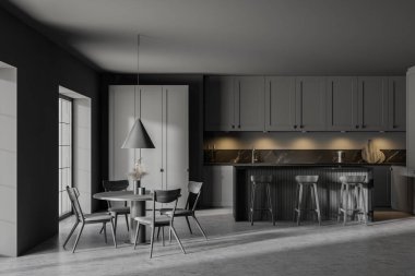 Gri duvarları olan şık bir mutfak, beton zemin, sandalyeli ve barlı yemek masası. 3d oluşturma