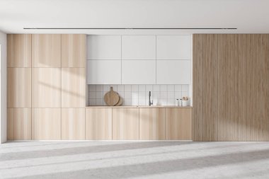 Beyaz ve ahşap duvarları, beton zemini ve ahşap dolapları olan şık bir mutfak. 3d oluşturma