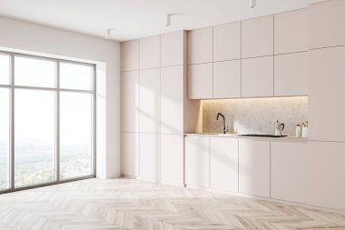 Beyaz duvarları, ahşap zemini ve lavabo ve fırından yapılmış beyaz dolapları olan minimalist mutfağın köşesi. 3d oluşturma