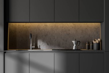 Gri duvarları ve lavabo ve fırında yapılmış gri dolapları olan minimalist mutfağın içi. 3d oluşturma