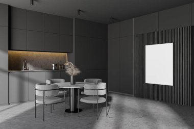 Mutfağın köşesinde gri ve ahşap duvarlar, beton zemin ve lavabo ve fırında yapılmış gri dolaplar var. Dikey maket posteri. 3d oluşturma