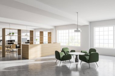 Beyaz duvarları, beton zemini, resepsiyon masası ve kahve masasının yanındaki koltukları olan şık bir ofiste bekleme odası. 3d oluşturma