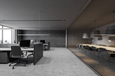 Gri ve ahşap duvarları, beton zemini, sıra sıra bilgisayar masaları ve yanında toplantı odası olan modern açık uzay ofisinin içi. 3d oluşturma