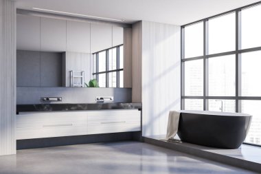 Beyaz duvarları, beton zemini, rahat küveti ve aynalı çift lavabosu olan şık panoramik banyonun köşesi. 3d oluşturma