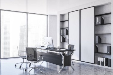Beyaz duvarları, beton zemini ve bilgisayar masası olan şık CEO ofisinin köşesi. Liderlik kavramı. 3d oluşturma