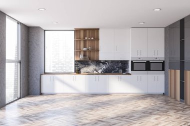Beton duvarları, ahşap zemini ve lavabo ve fırında yapılmış beyaz dolapları olan şık bir mutfak. 3d oluşturma