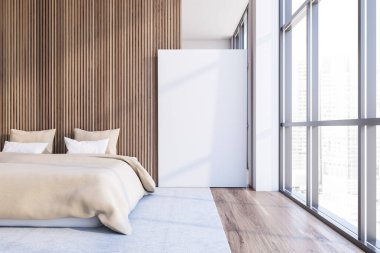 Koyu ahşap ve beyaz duvarları, ahşap zemini ve rahat kral yatağı olan şık bir yatak odası. Yerde dikey maket posteri var. 3d oluşturma