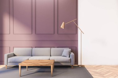 Kırmızı ve beyaz duvarları, ahşap zemini, uzun gri kanepesi ve kahve masası olan şık bir oturma odası. 3d oluşturma