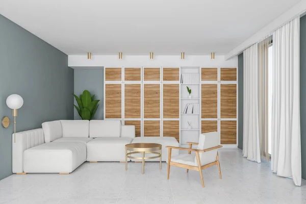 室内风格新颖 墙壁灰白色 混凝土地板 白色扶手椅 沙发和咖啡桌 3D渲染 — 图库照片