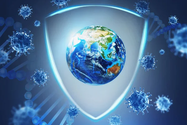 Etrafında mavi koronavirüs ve kalkan olan Dünya gezegeni. Covid 19 pandemik koruma kavramı. 3D görüntüleme. Bu görüntünün elementleri NASA tarafından desteklenmektedir