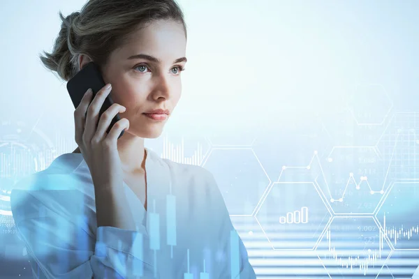 Portrait Serious Young Businesswoman Talking Smartphone Blurry Blue Background Double — Stock Photo, Image