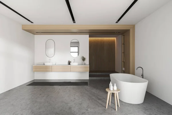 Seitenansicht Des Stilvollen Badezimmers Mit Weißen Und Hölzernen Wänden Betonboden — Stockfoto