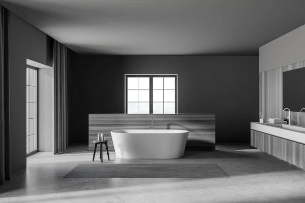 Interior Elegante Baño Con Paredes Grises Madera Suelo Hormigón Cómoda —  Fotos de Stock