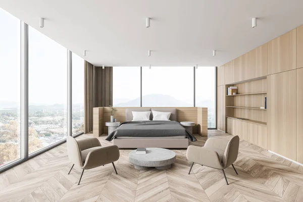 Interior Stylish Panoramic Master Bedroom Wooden Walls Floor Comfortable King — Stock Photo, Image