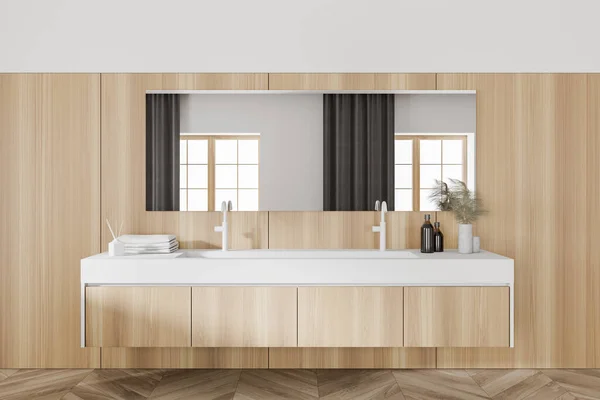 舒适的双层水槽 站立在时尚的浴室与木制墙壁和地板 3D渲染 — 图库照片