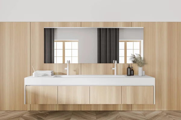 Comodo Doppio Lavabo Piedi Elegante Bagno Con Pareti Pavimento Legno — Foto Stock