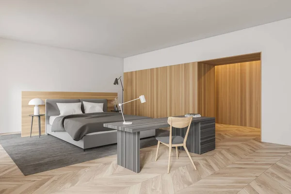 나무로 크기의 침대와 사무실이 현대적 마스터 침실의 렌더링 — 스톡 사진