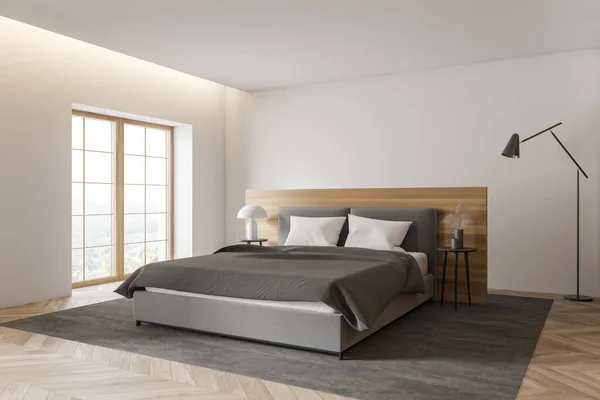 Esquina Elegante Dormitorio Principal Minimalista Con Paredes Blancas Madera Suelo — Foto de Stock