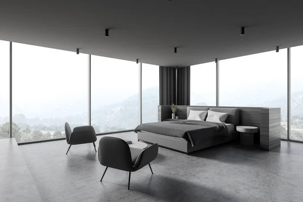Corner Stylish Panoramic Master Bedroom Wooden Walls Concrete Floor Comfortable — Stock Photo, Image