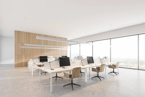 Corner Stylish Open Space Office White Wooden Walls Concrete Floor — Stock Photo, Image