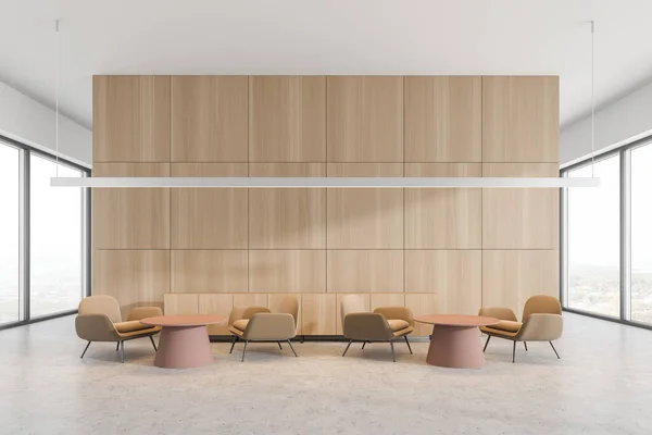 Beige Armchairs Tables Standing Modern Restaurant Interior White Wooden Walls — Stock Photo, Image