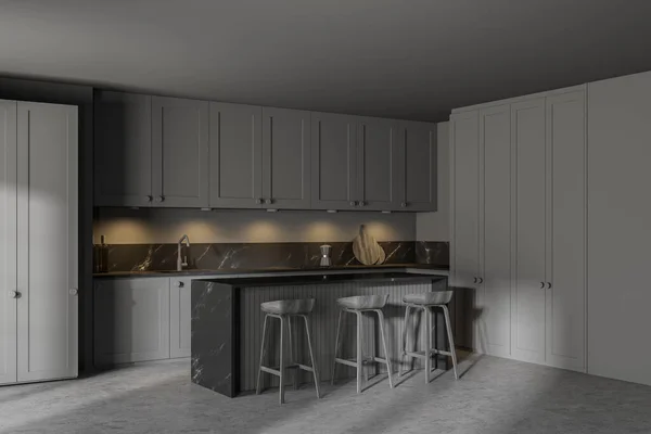 Corner Modern Kitchen Gray Walls Concrete Floor Bar Rendering — Stock Photo, Image