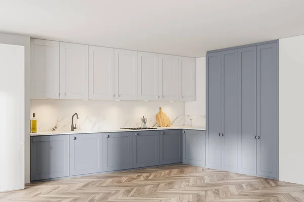 Corner Minimalistic Kitchen White Gray Walls Wooden Floor Cabinets Built — Stock Photo, Image