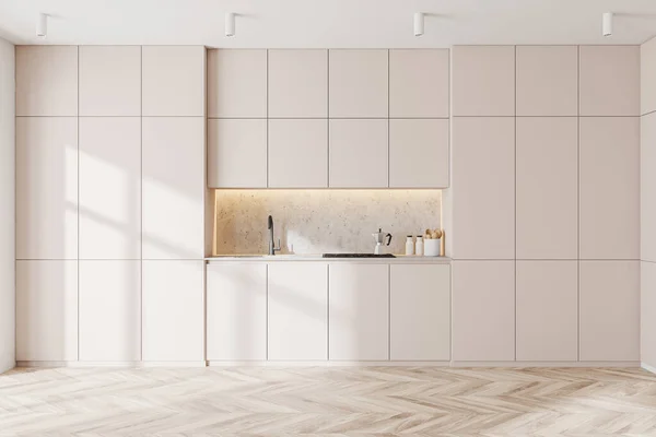 Interiér Minimalistické Kuchyně Bílými Stěnami Dřevěnou Podlahou Bílými Skříněmi Vestavěným — Stock fotografie