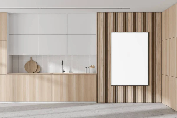 Interieur Der Stilvollen Küche Mit Weißen Und Hölzernen Wänden Betonboden — Stockfoto