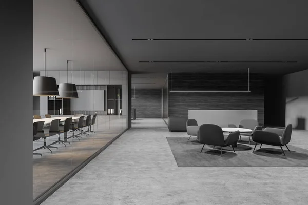 Interieur Eines Modernen Büro Wartezimmers Mit Grauen Und Hölzernen Wänden — Stockfoto