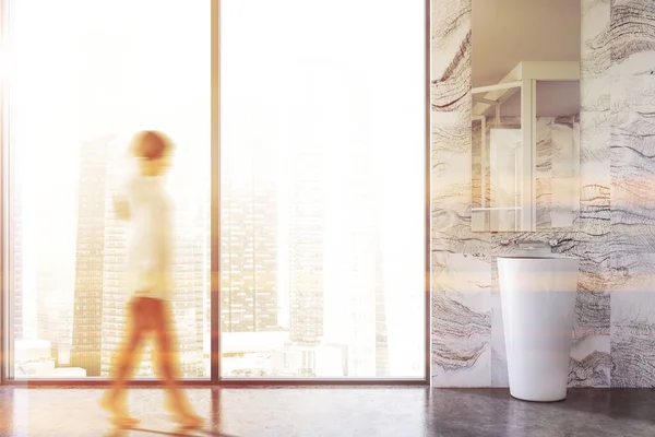 Blurry Young Woman Walking Luxury Bathroom White Marble Walls Gray — Stock Photo, Image