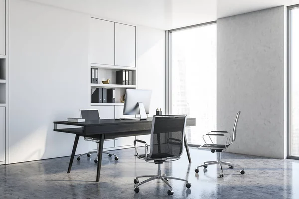 Corner Minimalistic Ceo Office White Walls Concrete Floor Computer Table — Stock Photo, Image