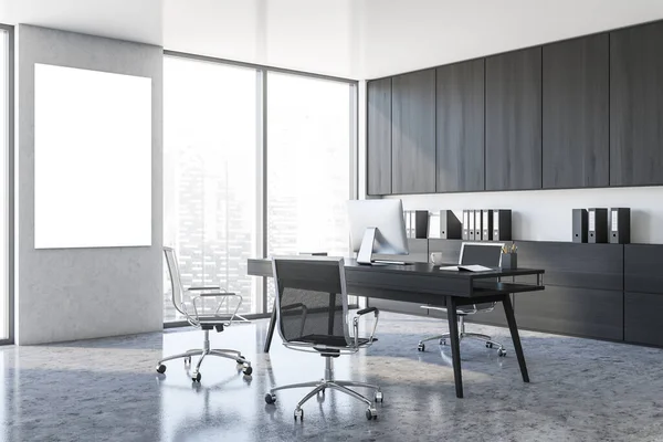 Corner of stylish CEO office with white walls, concrete floor, wooden cabinets and computer table. Vertical mock up poster. Concept of leadership. 3d rendering
