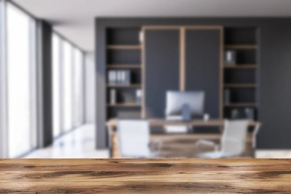 Wooden Table Your Product Blurry Stylish Ceo Office Gray Walls — Stock Photo, Image