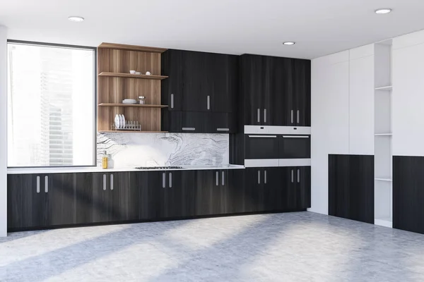 Corner Stylish Kitchen White Walls Concrete Floor Black Cabinets Built — Stock Photo, Image