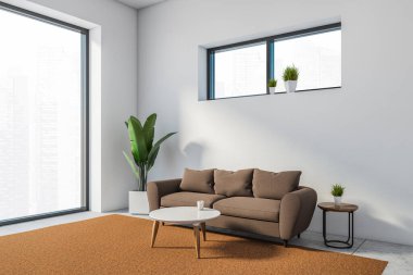 Beyaz duvarları, beton zemini, kahverengi kanepesi ve yuvarlak sehpası olan şık oturma odasının köşesi. 3d oluşturma