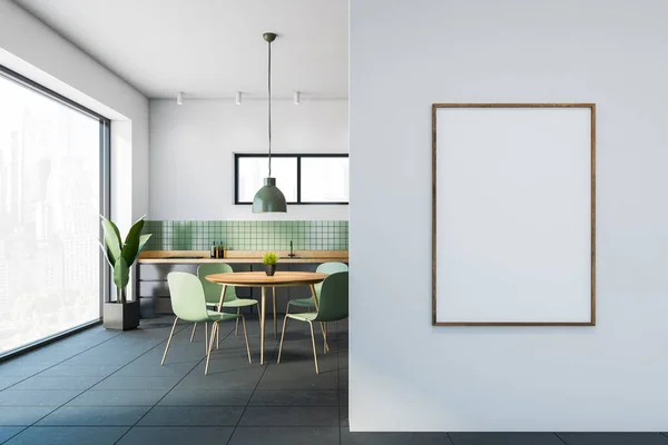 Interior of stylish dining room with white and green walls, tiled floor, round dining table and vertical mock up poster. 3d rendering