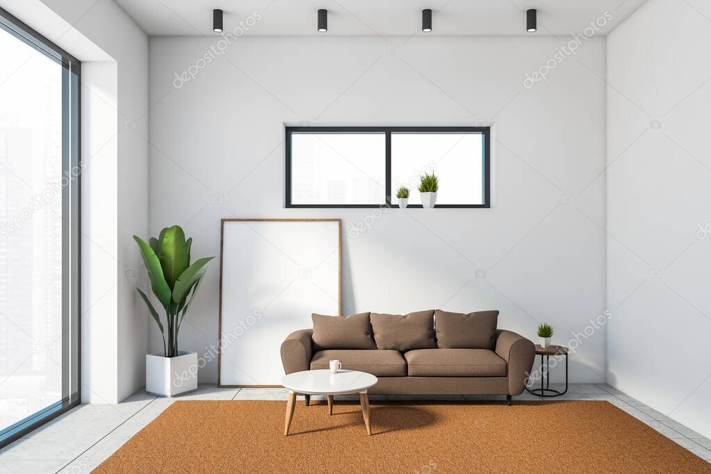 Interior of stylish living room with white walls, concrete floor, brown sofa, round coffee table and mock up poster. 3d rendering