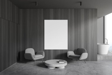 Minimalist oturma odasının içinde koyu ahşap duvarlar, beton zemin, gri koltuklar ve sahte posterler var. 3d oluşturma