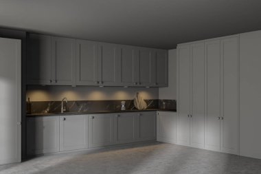 Gri duvarları, beton zemini ve ocağı ve lavabosu olan minimalist mutfağın köşesi. 3d oluşturma