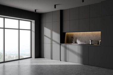 Gri duvarları, beton zemini ve lavabo ve fırında yapılmış gri dolapları olan minimalist mutfağın köşesi. 3d oluşturma
