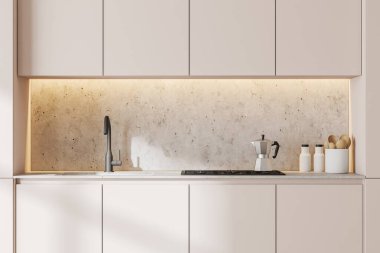 Minimalist mutfak, beyaz duvarlar ve lavabo ve fırında yapılmış beyaz dolaplar. 3d oluşturma