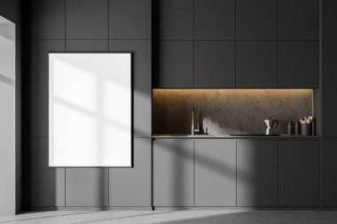 Gri duvarları, beton zemini ve lavabo ve fırında yapılmış gri dolapları olan minimalist mutfağın içi. Dikey maket posteri. 3d oluşturma