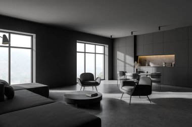 Modern mutfak ve oturma odasının köşesinde gri duvarlar, beton zemin, gri dolaplar ve koltuklar. 3d oluşturma