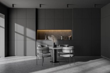 Gri duvarları, beton zemini ve sandalyeli yemek masası olan şık bir mutfak. 3d oluşturma